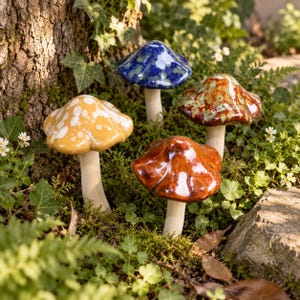 Set of 4 Ceramic Mushroom Garden Picks, Whimsical Fairy Garden Succulent Pot Decor