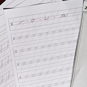 May include: A white practice worksheet for cursive handwriting featuring slanted guide lines. The top row shows the letter a broken down into strokes with the equation X + O + U = a. Below are five rows of the lowercase letter a written in cursive.