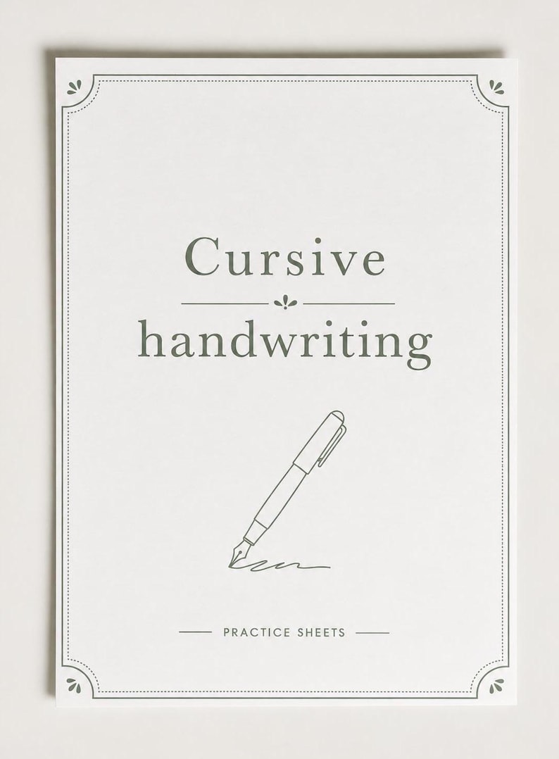 May include: A white rectangular practice sheet with a decorative border. The text reads Cursive handwriting and PRACTICE SHEETS. A line drawing of a fountain pen is centred in the middle, with a small wavy line underneath the pen nib.