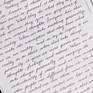 May include: A page of white paper featuring handwritten text in dark red ink. The script is written in a flowing, cursive style, filling the page with multiple lines of English text that discuss personal perceptions, opinions, and individual reality.