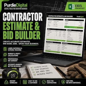 May include: A digital contractor estimate and bid builder Excel spreadsheet displayed on a laptop screen. The interface shows job information, labor costs, material expenses, and bid totals. A notebook with a checklist and a 25-foot tape measure are visible.