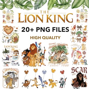 May include: A digital collection of The Lion King themed graphics featuring various character illustrations, including Simba, Nala, Timon, Pumbaa, and Scar, alongside text elements like The Lion King, 20+ PNG FILES, and Hakuna Matata.