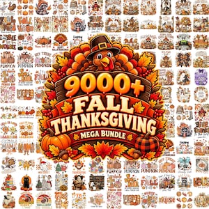 May include: A digital graphic collection featuring a central turkey wearing a pilgrim hat, surrounded by autumn leaves, pumpkins, and the text 9000+ FALL THANKSGIVING MEGA BUNDLE, set against a collage of numerous smaller seasonal illustrations.