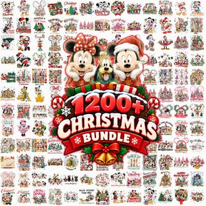 May include: A digital collection of over 1200 Christmas-themed graphic designs featuring Disney characters like Mickey Mouse, Minnie Mouse, and Pluto. The central graphic displays the text 1200+ CHRISTMAS BUNDLE with festive red and green accents.