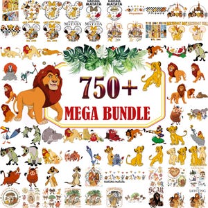 Puede incluir: Una colección digital de más de 750 ilustraciones gráficas con temática de El Rey León que presenta a Simba, Nala, Mufasa, Scar, Timon, Pumbaa y Zazu en varias poses, junto con diseños de texto como Hakuna Matata, en un formato de collage.