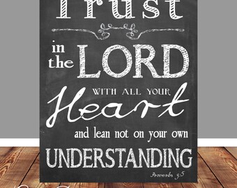 Bible Verse, Scripture Printable, Scripture art, Chalkboard, Trust in the LORD with all your heart, Proverbs 3:5, Instant Download