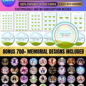 May include: A digital template set for pin buttons featuring six sizes with markings, including cut lines, bleed, and safe areas. The set is editable in Canva and includes over 700 memorial designs with various portraits, angel wings, and clouds.