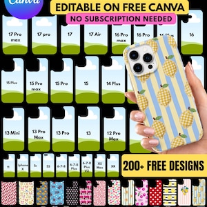 Pode incluir: Um modelo de capa para iPhone com o texto IPHONE CASE TEMPLATE, EDITABLE ON FREE CANVA, NO SUBSCRIPTION NEEDED e 200+ FREE DESIGNS. A imagem mostra vários contornos de modelos de telefone e uma capa com um padrão de limões amarelos.