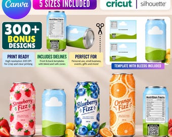 Soda Can Canva Template, 5 Sizes Editable Can Wrap, 12oz Blank Can Wrapper, Party Favor Drink Label, Birthday Soda Sticker, 300+ Free Prints