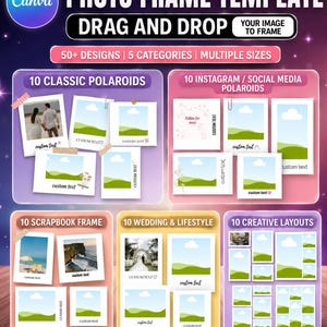 50 Polaroid Photo Canva Templates, Editable Polaroid Frames, 5 Photo Layout Categories, Wedding, Social Media, Scrapbook & Creative