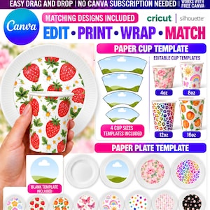 Op de afbeelding: Een digitale sjablonenset voor papieren bekers en borden met aardbeien-, bloemen-, luipaard- en fruitpatronen. Bevat bewerkbare ontwerpen voor 4oz tot 16oz bekers en bordensjablonen van 5 tot 14 inch, compatibel met de gratis versie van Canva.