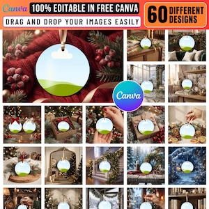 May include: A digital collection of 60 Christmas ornament mockups featuring a circular white ornament with a light blue sky and green landscape graphic. The text includes CHRISTMAS ORNAMENT MOCKUPS, 100% EDITABLE IN FREE CANVA, and 60 DIFFERENT DESIGNS.