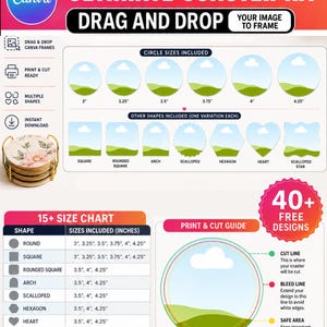 May include: An ultimate coaster kit digital template featuring drag and drop Canva frames. Includes various circle sizes from 3 to 4.25 inches, multiple shapes like square, arch, heart, and hexagon, a 15 plus size chart, and a print and cut guide.