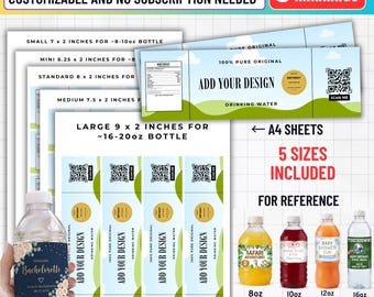 Water Bottle Label Canva Template, 8oz 10oz 12oz 16oz 20oz Editable Bottle Labels, Birthday Water Bottle Labels,DIY Party Packaging Template