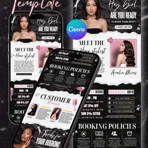 May include: A digital Acuity booking template for hair stylists featuring a black and white aesthetic with pink accents. The layout includes sections for booking policies, business hours, customer reviews, and contact information with text.