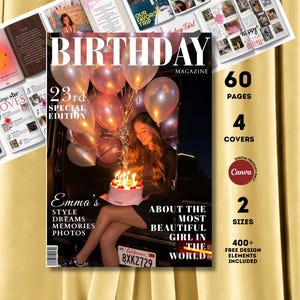 Op de afbeelding: Een digitaal tijdsjabloon getiteld Birthday Magazine 23rd Special Edition met een cover waarop een persoon een verlichte verjaardagstaart vasthoudt, omringd door roze ballonnen. Bevat 60 pagina's, 4 covers, 2 formaten en 400+ designelementen voor Canva.