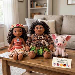 May include: Three crocheted dolls featuring a female figure with a floral crown, a male figure with dark curly hair and tribal patterns, and a small pig. A rectangular card sits in front with the text AVAILABLE LANGUAGES and five flag icons.