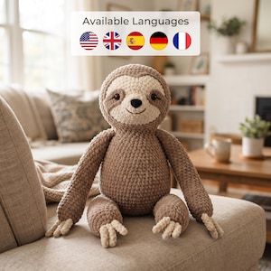 Peut inclure: Une peluche paresseux au crochet avec un corps texturé marron clair, un visage crème, des taches oculaires marron foncé et un petit nez noir. Le paresseux a de longs bras et jambes avec des griffes crème, assis avec un sourire brodé.