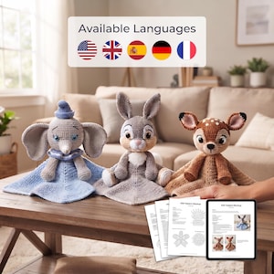 May include: Three crochet security blankets featuring an elephant, a rabbit, and a deer. The elephant is light blue, the rabbit is grey, and the deer is brown with white spots. A digital tablet displays a PDF pattern mockup with instructions.