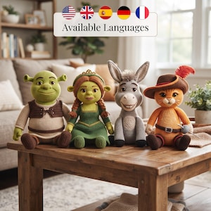 Shrek Fiona Åsna Mässen i Stövlar Virkmönsterpaket PDF Amigurumi Direkt Digital Nedladdning