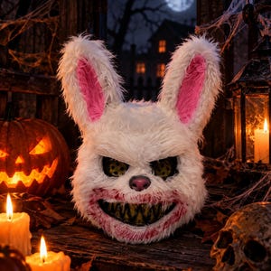 May include: A white plush rabbit mask featuring long ears with pink inner fur, a pink nose, and a wide, menacing grin with sharp yellow teeth. The mouth area is stained with red, and the eye sockets contain dark, textured, circular patterns.