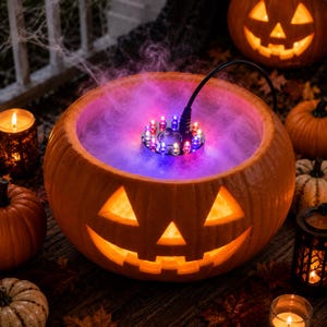 Può includere: Una zucca arancione intagliata a lanterna riempita d'acqua con un nebulizzatore LED circolare che emette luce viola e blu insieme a una fitta nebbia bianca. La zucca presenta un design classico con occhi triangolari e bocca seghettata.
