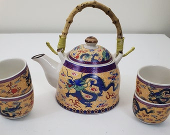 Traditional Textured Japanese Tea Set Teapot With Screen and Top and 4 Cups Dragons