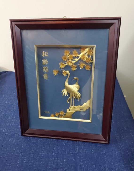 モナリザ、ノートルダム寺院 Gold Leaf 金箔 壁掛　23KGP Gold Leaf Art Double Cranes and Pine 3D Pine Tree Frame