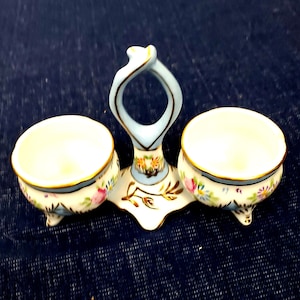Limoges China Spice Cups Salt Dip Server With  Handle Antique 1920s Roses Gold Trim