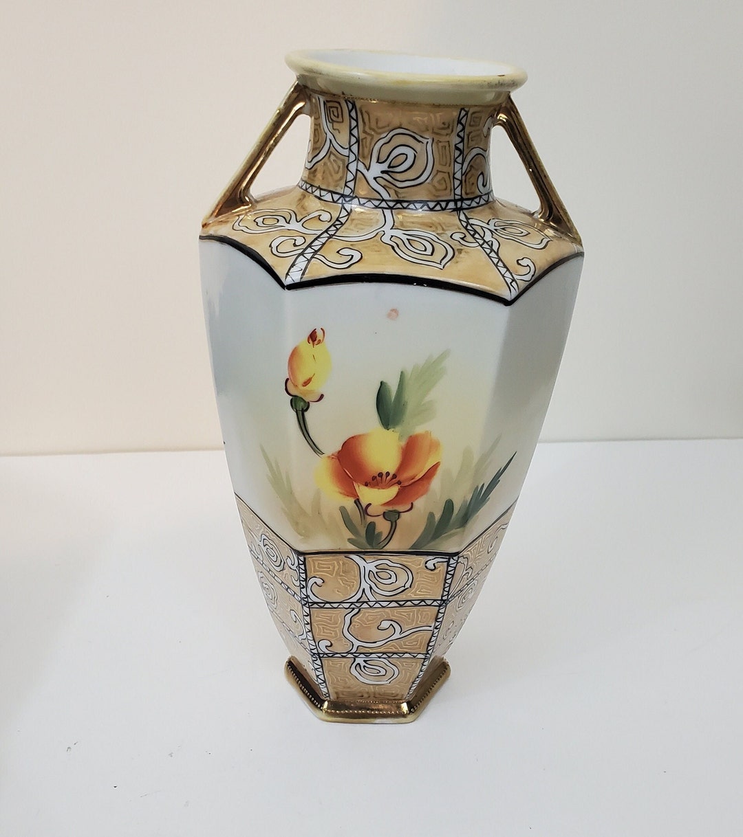 Antique Nippon Hexagonal 2 Handled Vase Hand Painted Floral Design With ...