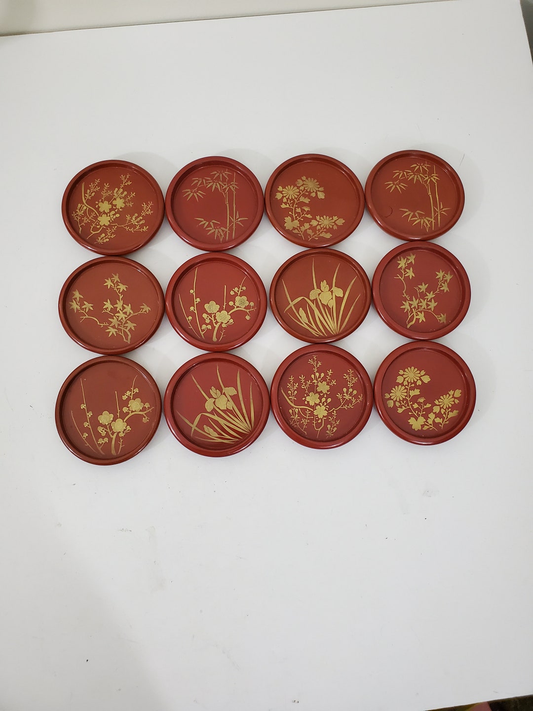 12 Made in Japan Lacquerware Floral Drink Coasters Rusty Red and Gold