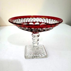 Vintage Westmoreland Glass Wakefield Ruby Flashed Footed Pedestal Compote 4&quot; H 5&quot; Round