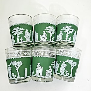 Vintage 1970s Set of 6 Jeanette Glass "Hellenic Green" Shot Glasses Barware