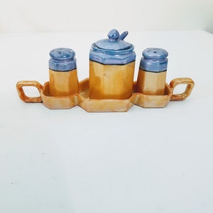 Japanese 6 Pc Lusterware Salt & Pepper Shakers And Covered Mustard Jar and Spoon