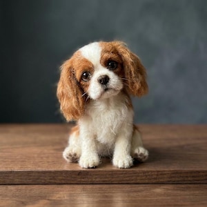 Może przedstawiać: Filcowana igłą figurka psa rasy Cavalier King Charles Spaniel z białą strzałką na pyszczku, długimi falowanymi brązowymi uszami i białym przodem. Mała rzeźba psa ma ciemne, błyszczące oczy, czarny nos i miękką, wełnianą fakturę.
