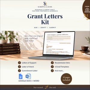 Könnte beinhalten: Ein digitales Grant Letters Kit für Akademiker mit einem Laptop, der eine Vorlage für ein Unterstützungsschreiben anzeigt. Die Grafik enthält den Text Scripta Laude, Grant Letters Kit, Ask, Draft, Submit und listet Dokumenttypen auf.