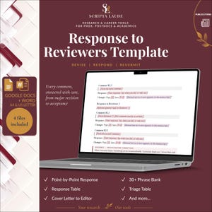 Peut inclure: Un modèle numérique pour un document de réponse aux examinateurs affiché sur un écran d'ordinateur portable. Le fond marron présente le texte Scripta Laude, Research & Career Tools, et liste des fonctionnalités comme une réponse point par point.