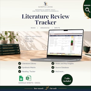 May include: A digital literature review tracker for Google Sheets and Excel, featuring the Scripta Laude logo and text. The display shows a spreadsheet interface on a laptop screen, with a stack of books, a green mug, and a list of features.