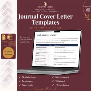 Könnte beinhalten: Eine digitale Produktanzeige für Journal Cover Letter Templates von Scripta Laude, mit einem Laptop-Bildschirm, der eine Tabelle mit dem Titel Which letter, when? und 10 Vorlagen für Google Docs und Word im A4-Format zeigt.