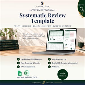 Puede incluir: Una plantilla digital de revisión sistemática para investigadores, con un portátil que muestra paneles de datos, una pila de libros y una lista de funciones que incluye un diagrama PRISMA 2020 en vivo y 14 pestañas incluidas.