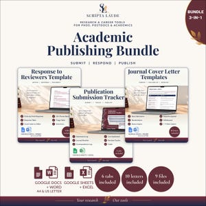 Può includere: Un kit di strumenti digitali 3-in-1 Academic Publishing Bundle per ricercatori. Include un modello di risposta ai revisori, un tracker di invio pubblicazioni e modelli di lettera di presentazione per riviste. Compatibile con Google Docs, Word, Sheets ed Excel.