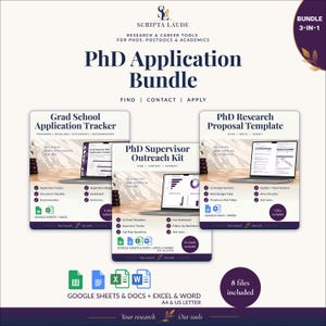 Op de afbeelding: Een PhD-sollicitatiebundel met drie digitale tools: Grad School Application Tracker, PhD Supervisor Outreach Kit en PhD Research Proposal Template. Bevat Google Sheets, Docs, Excel en Word-bestanden voor A4 en US Letter formaten.