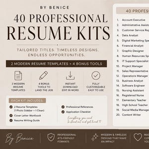 May include: A digital resume kit advertisement by Benice featuring 40 professional titles, 2 modern resume templates, and 4 bonus tools. The beige and dark brown graphic lists job roles from Account Executive to Fitness Trainer with icons.