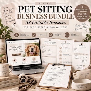 Peut inclure: Un ensemble de modèles pour entreprise de garde d'animaux comprenant 52 documents modifiables pour pet sitters et promeneurs de chiens. Inclut un ordinateur portable, un formulaire client, une liste de services, une facture et un contrat.