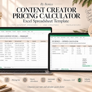 May include: A digital content creator pricing calculator Excel spreadsheet template displayed on a laptop and tablet screen. The interface features columns for service categories, pricing, and units, with text including By Benice, Content Creator Pricing Calculator, and Offerte Calculator.