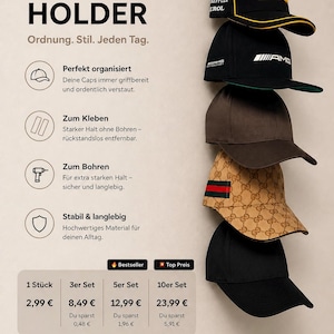 Könnte beinhalten: Ein vertikaler Stapel aus fünf Baseballkappen in verschiedenen Farben und Designs, darunter schwarze Modelle mit gelbem und weißem Text, schwarze mit weißen Logos, eine einfarbige braune Kappe sowie eine beige Kappe mit braunem Muster und rot-grünen Streifen.
