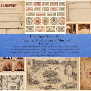 Op de afbeelding: Een 100-pagina tellende Bureau of Mischief-kit met 8,5 x 11 inch papieren documenten, waaronder proces-verbaalformulieren, bewijsvellen, mugshots van wezens, kaarten en diverse stempels met tekst zoals Solved en Confidential.