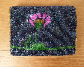 Vintage dark blue luster hand beaded envelope clutch, bag with pink flowers monogrammed J.J.