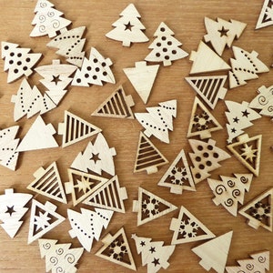 45 1 inch high laser cut wood Christmas trees in various patterns, for crafting, holiday decor