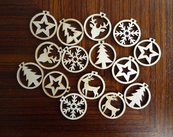 14 laser cut wood Christmas or winter ornaments or hang tags, 1 1/4 inches across, various patterns